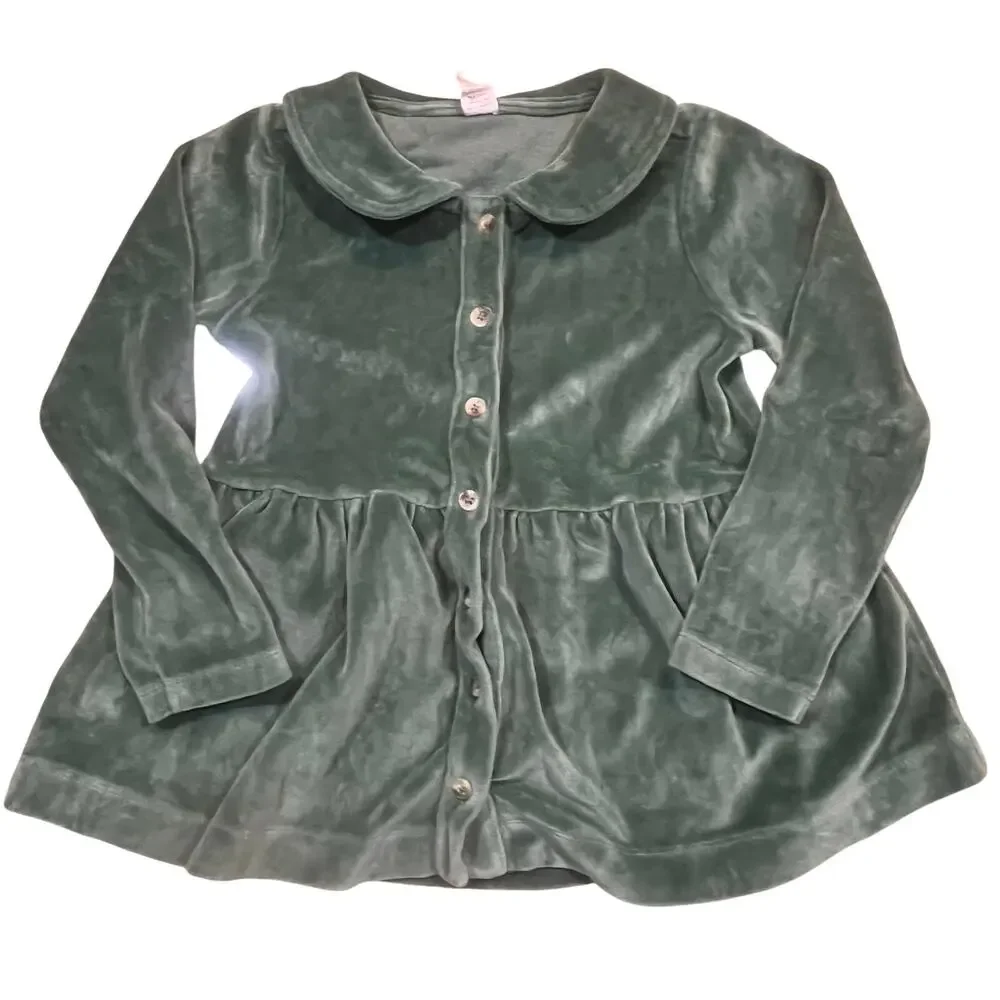 Kate Quinn Girls 7Y Hunter Green Velour Peter‎ Pan Collar Button Dress Holiday